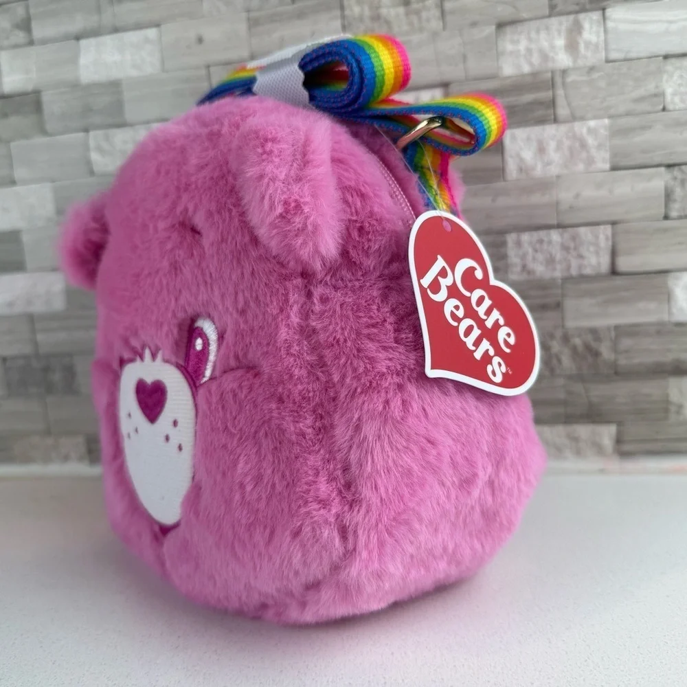 NEW Care Bear‎ Pink Plush Crossbody Bag With Rainbow Strap